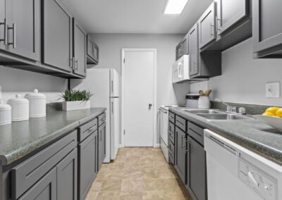 A modern kitchen featuring sleek gray cabinets paired with stylish white appliances