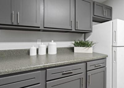 A modern kitchen featuring sleek gray cabinets paired with stylish white appliances and white cookie jars on countertop